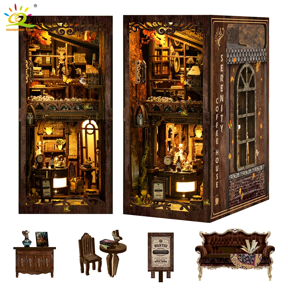HUIQIBAO DIY Retro coffee house Bookshelf Model 3D Wooden Puzzle Assemble Book Nook Shelf Miniature Building Kits Handmade Toys