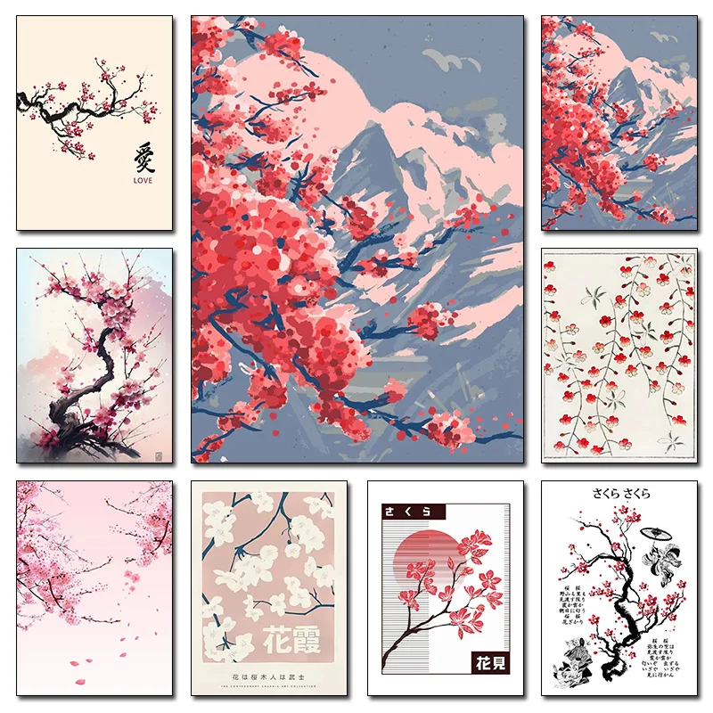 Japanese Cherry Blossom Vintage Posters Print Botanical Pattern Flower Canvas Paintings Aesthetic Wall Art Girl Dream Room Decor