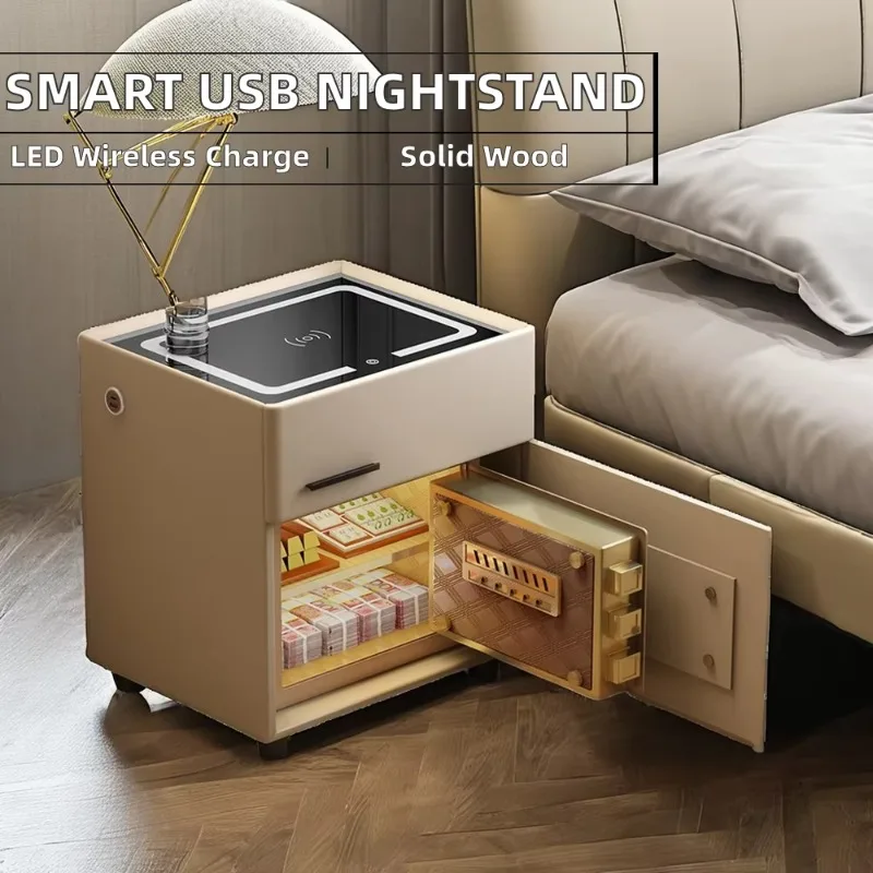 Modern luxury solid wood bedside table LED wireless charging, dual Bluetooth audio USB port 1 drawer, suitable for bedroom