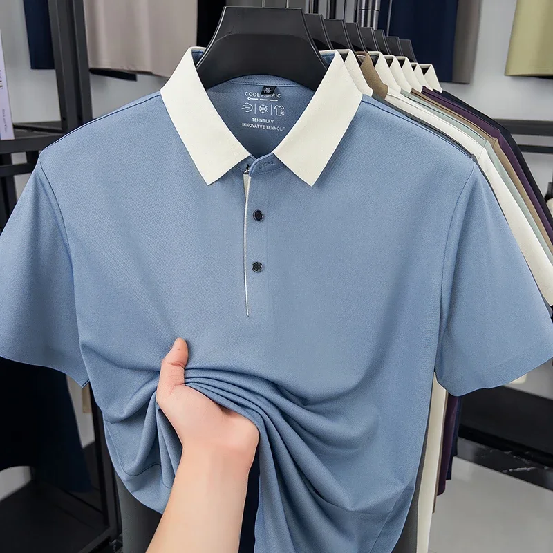 Men's Color Block Collar Polo Shirt Quick Dry Breathable Fabric Short Sleeve Lapel T Shirt For Business And Casual Wear image 6