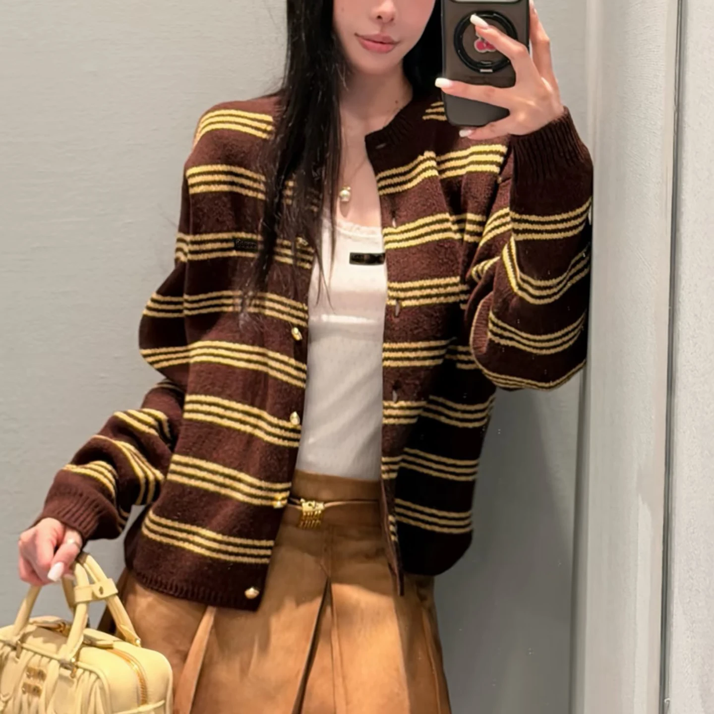 26 New academic style retro contrasting striped knitted cardigan women's round neck gold buckle versatile thin sweater jacket