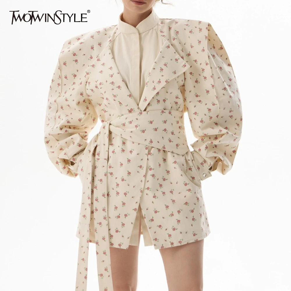 

TWOTWINSTYLE искусственное пальто из двух предметов с цветочным принтом для женщин, воротник-стойка, рукав-фонарик, сращенное ​ ​ Осенняя куртка на шнуровке в женском стиле