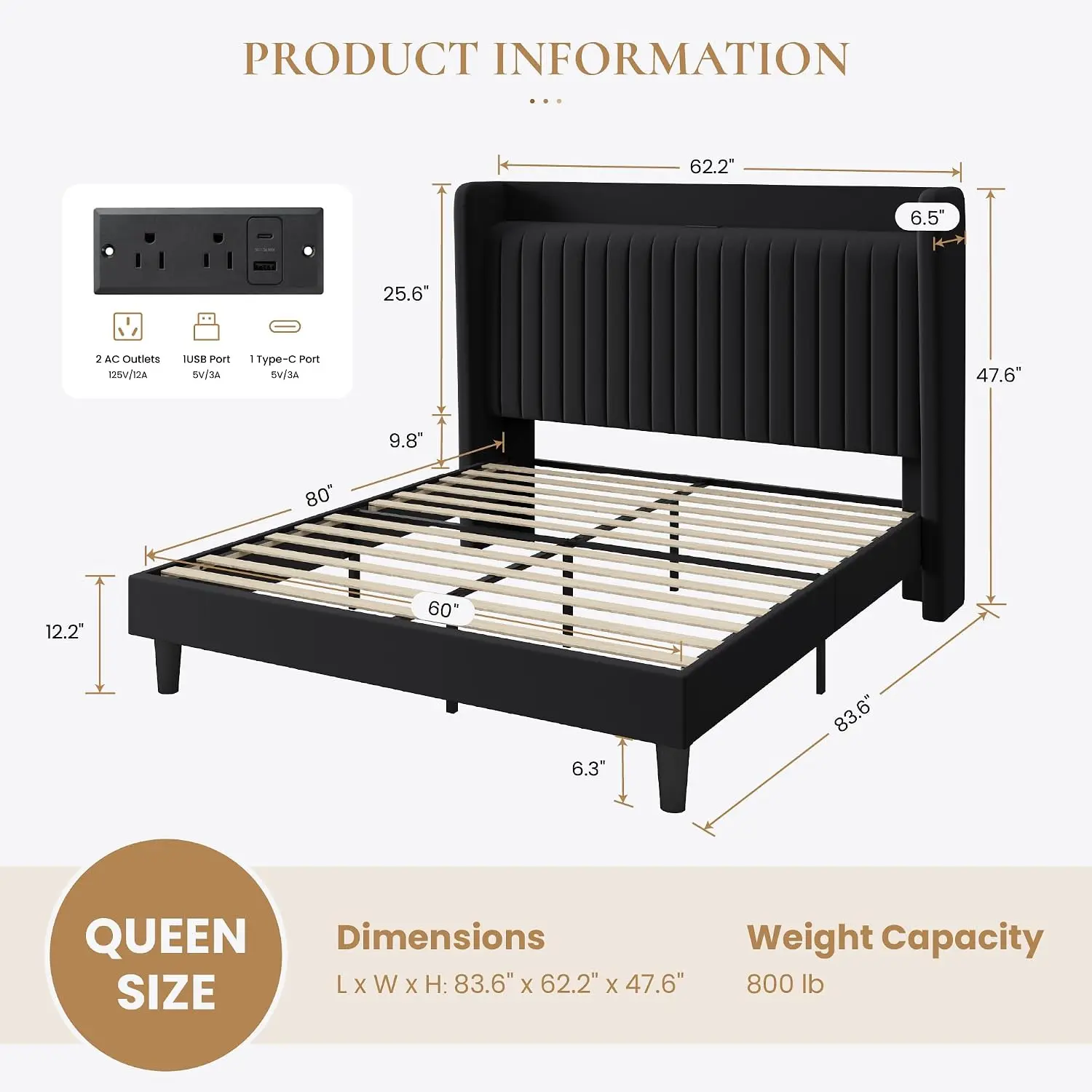 Queen Size Velvet Bed Frame with Shelf, Charging Station, Black, Customized