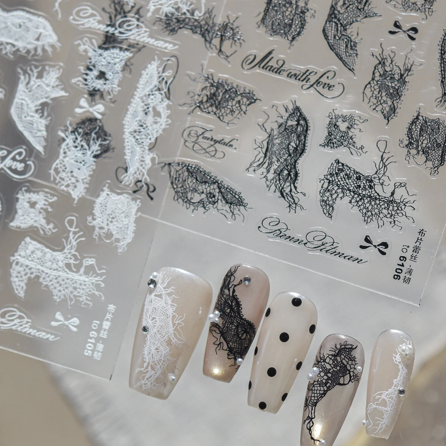 Gothic Dark 5D Black Torn Lace Fragments Vintage Lace Cloth Pieces Bow Nail Art Stickers Self Adhesive Decal Manicure for Women