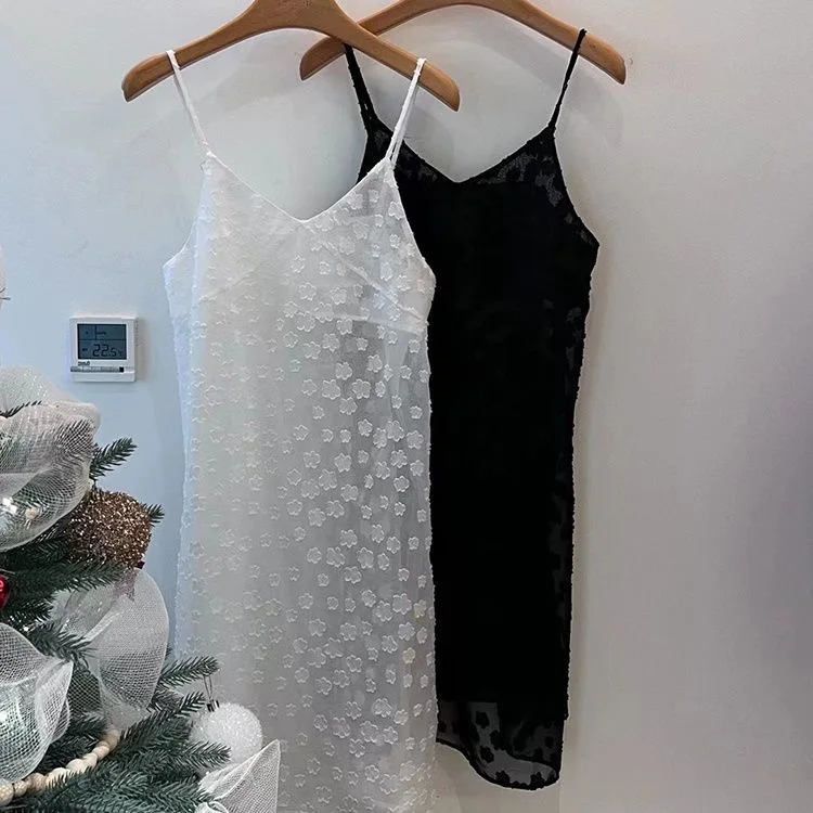 Floral jacquard preto branco chiffon deslizamento vestido primavera verão feminino com decote em v sem mangas vestido em camadas uma peça midi vestido coreano