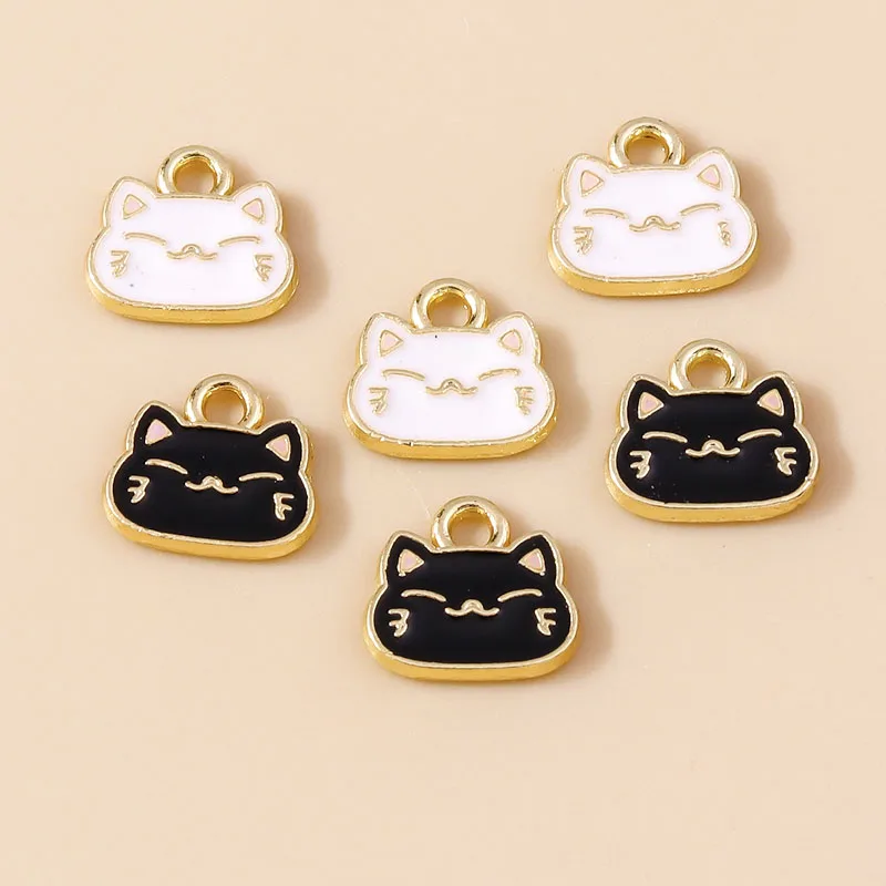 10pcs 10*9mm Cartoon Enamel Mini White Black Cat Charm Pendants for Necklaces Earrings DIY Handmade Jewelry Making Accessories