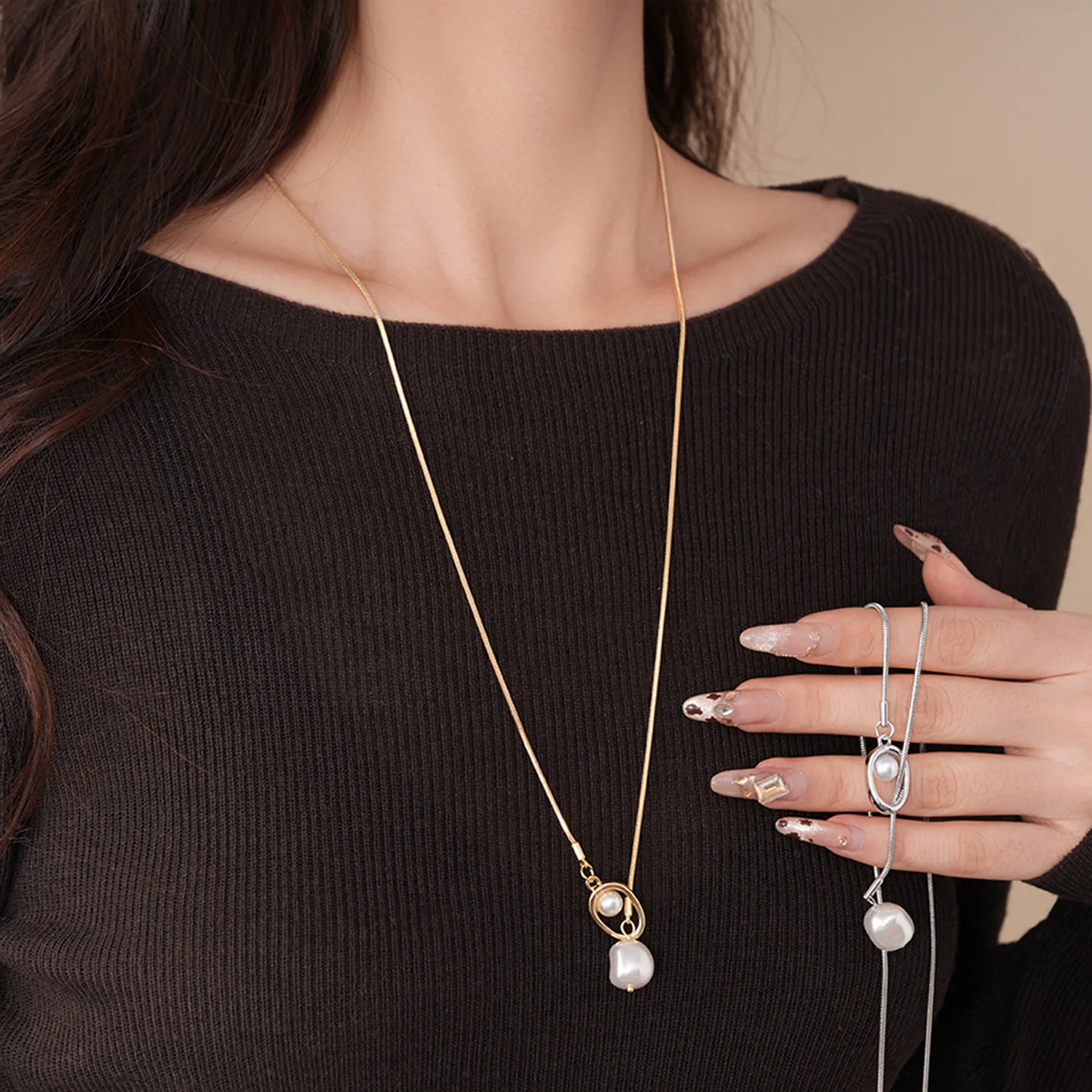 Y-shaped Imitation Pearl Pendant Necklaces Irregular Cross Knotted Neck Chain for Women Suit Shirt Overcoat Jewelry Ornament K