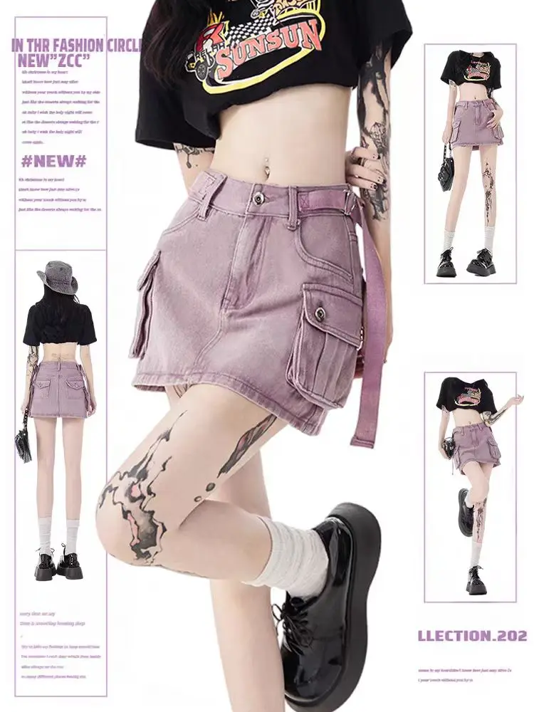 Summer Women Japanese Y2k Streetwear Korean Fashion 2000s E-girl Denim Mini Cargo Skirt Gyaru Coquette Kawaii Kpop Grunge Punk