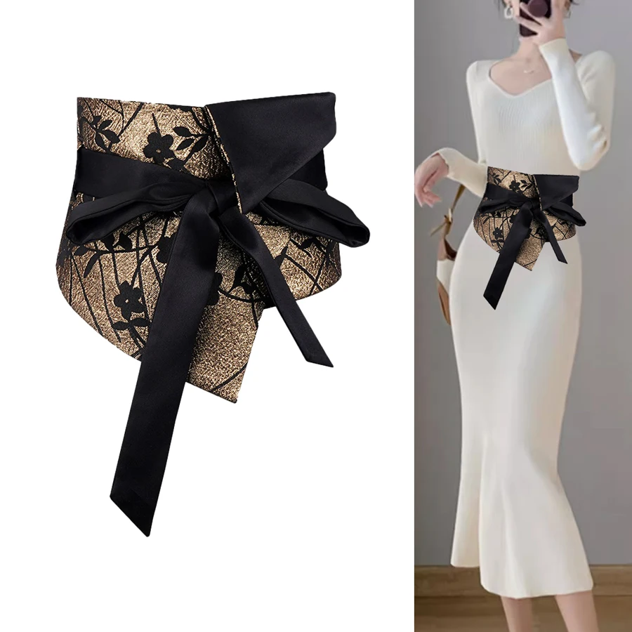 

Vintage Opulent Jacquard Brocade Belt Women Oversized Bow-Tie Wide Cinch - Chic Belt for Pants Dress Layering Luxury Essential