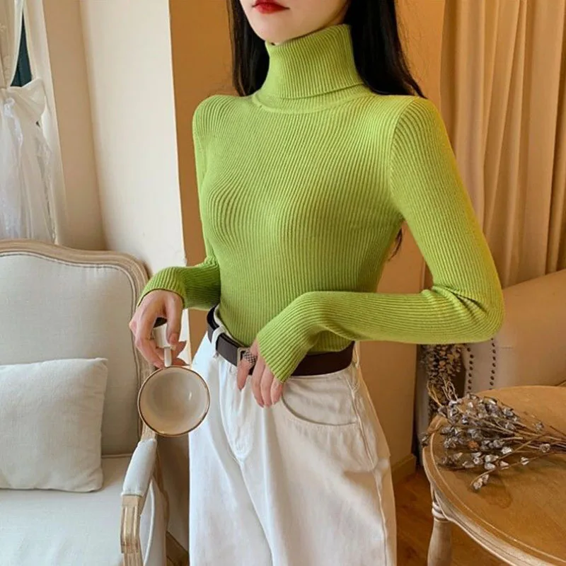 Women Turtleneck Sweater Fashion Knitted Pullovers Winter Basic Long Sleeve Knitwear Ladies Korean Long Sleeve Slim Jumpers Tops