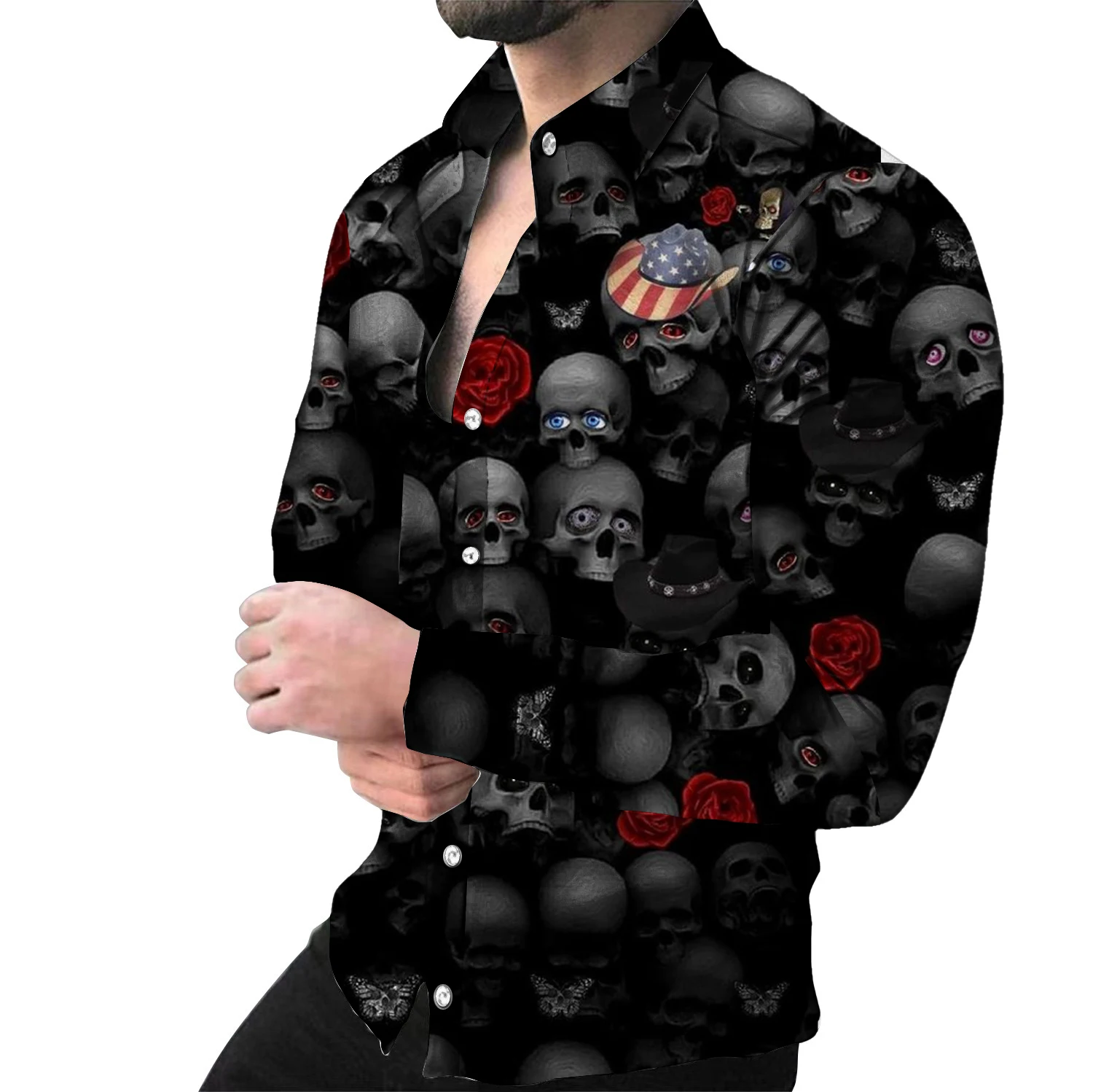 Fashionable men\'s long sleeved button up shirt, 3D full skull print, Spring and Autumn fashion, special gift