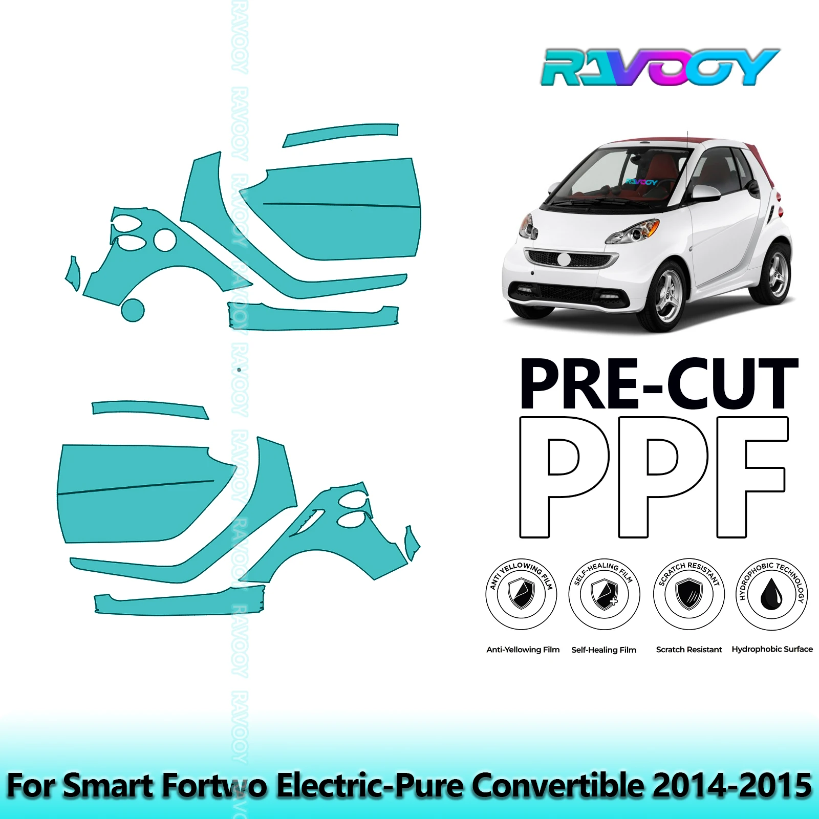 

For Smart Fortwo Electric-Pure Convertible 2014-2015 8.5mil Pre-Cut PPF Door & A/B Pillar Kit TPU Paint Protection Film Set