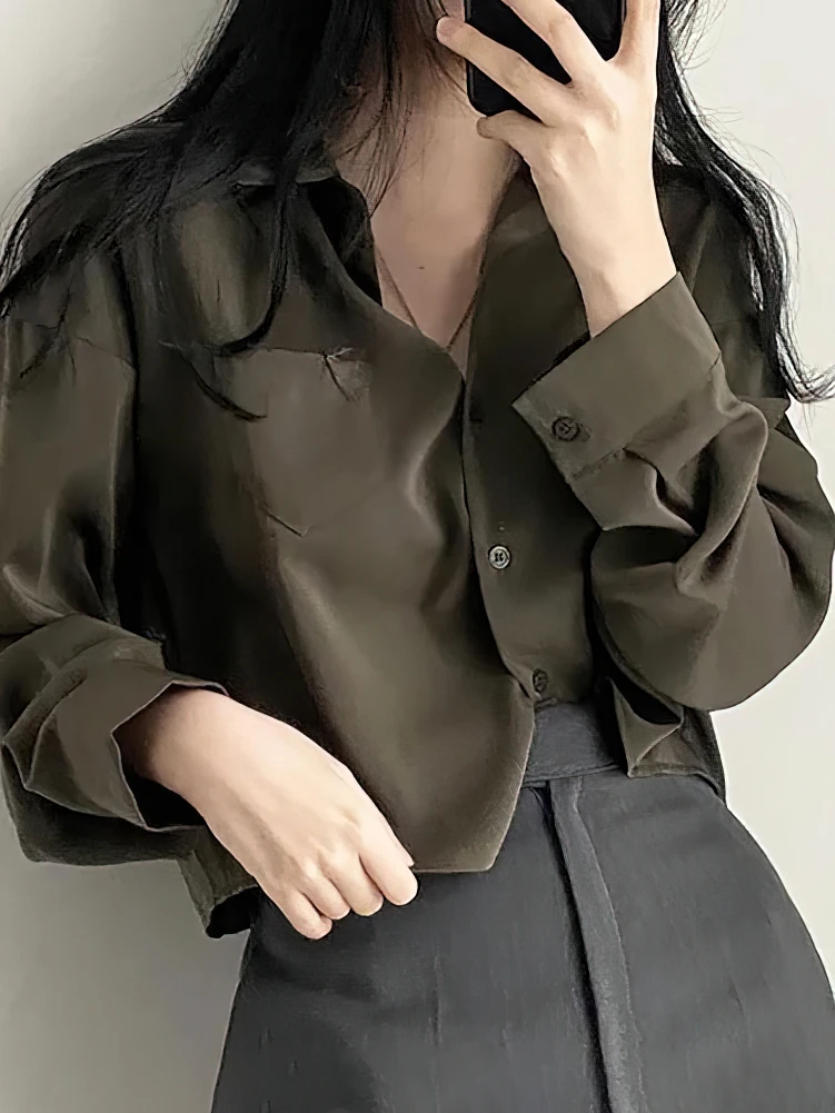 Long sleeve Polo Neck Oversize Cropped Shirt Women Korean Button up Cool Blouse Female Casual Short Tops