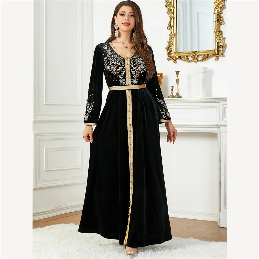 Elvet Embroidered Abaya for Women Beaded Belted Islamic Dress Muslim Dubai Caftan Moroccan Kaftan Ramadan Eid Jalabiya Djellaba