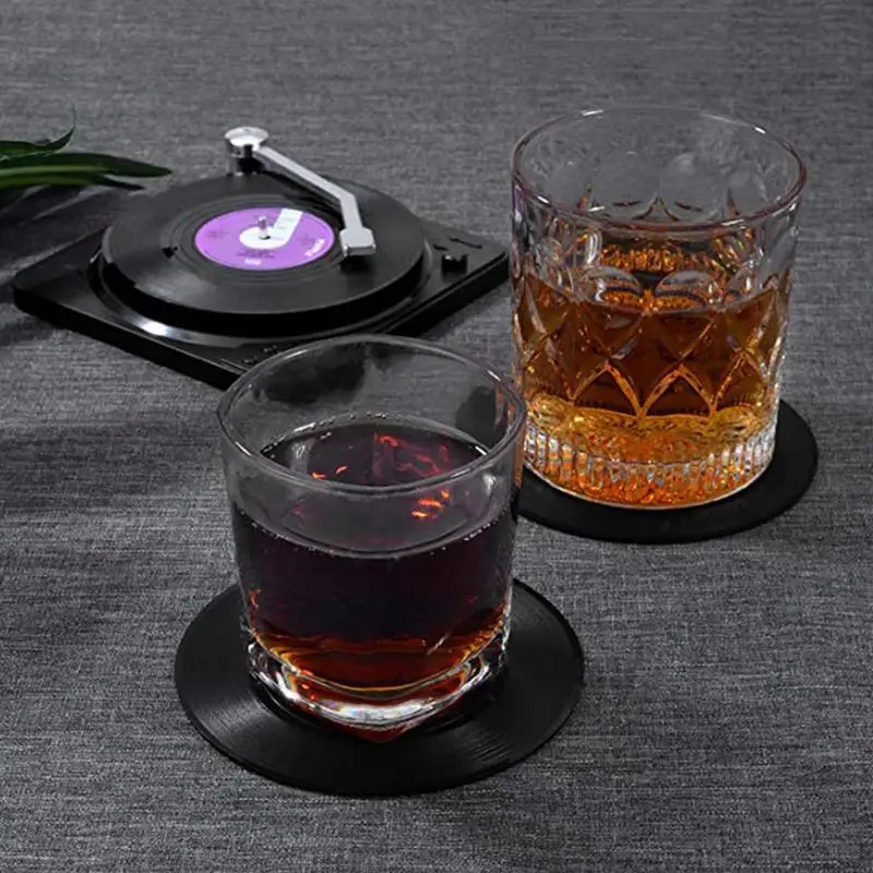 Set of 6 Vinyl Coasters for Drinks Music Coasters with Vinyl Record Player Holder Creative Retro Record Disk Coaster Mug Pad Mat view 4