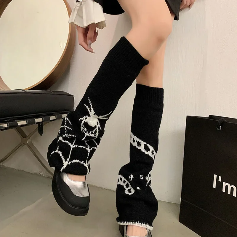 Halloween Spider Web scaldamuscoli Knit Dark Gothic Skull Women Warm Leg Socks Punk Harajuku Calf calze Jk Y2k accessori