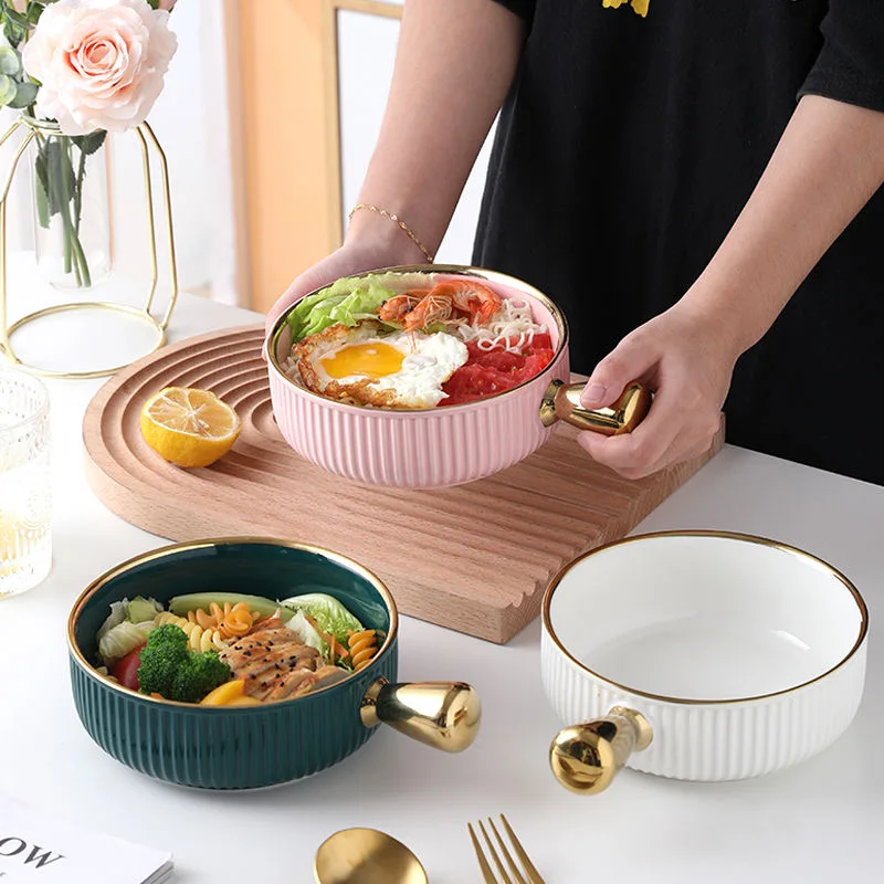 

Ceramic Instant Noodle Bowl Baking Bowl Single Handle Nordic Phnom Penh Fruit Bowl Salad Bowl Household Tableware Breakfast Bowl