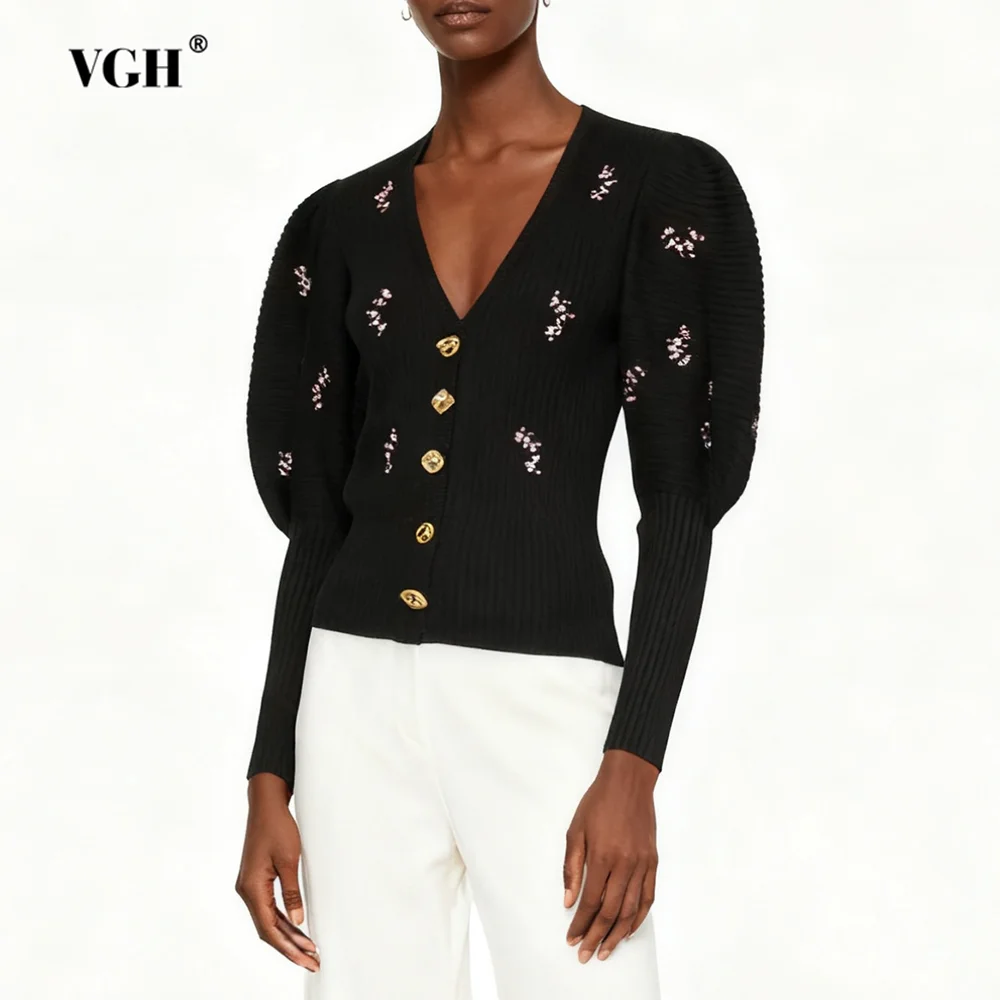

VGH Casual Solid Slimming Spliced Diamonds Sweaters For Women V Neck Long Sleeve Autumn Elegant Sweater Female Fashion Style New