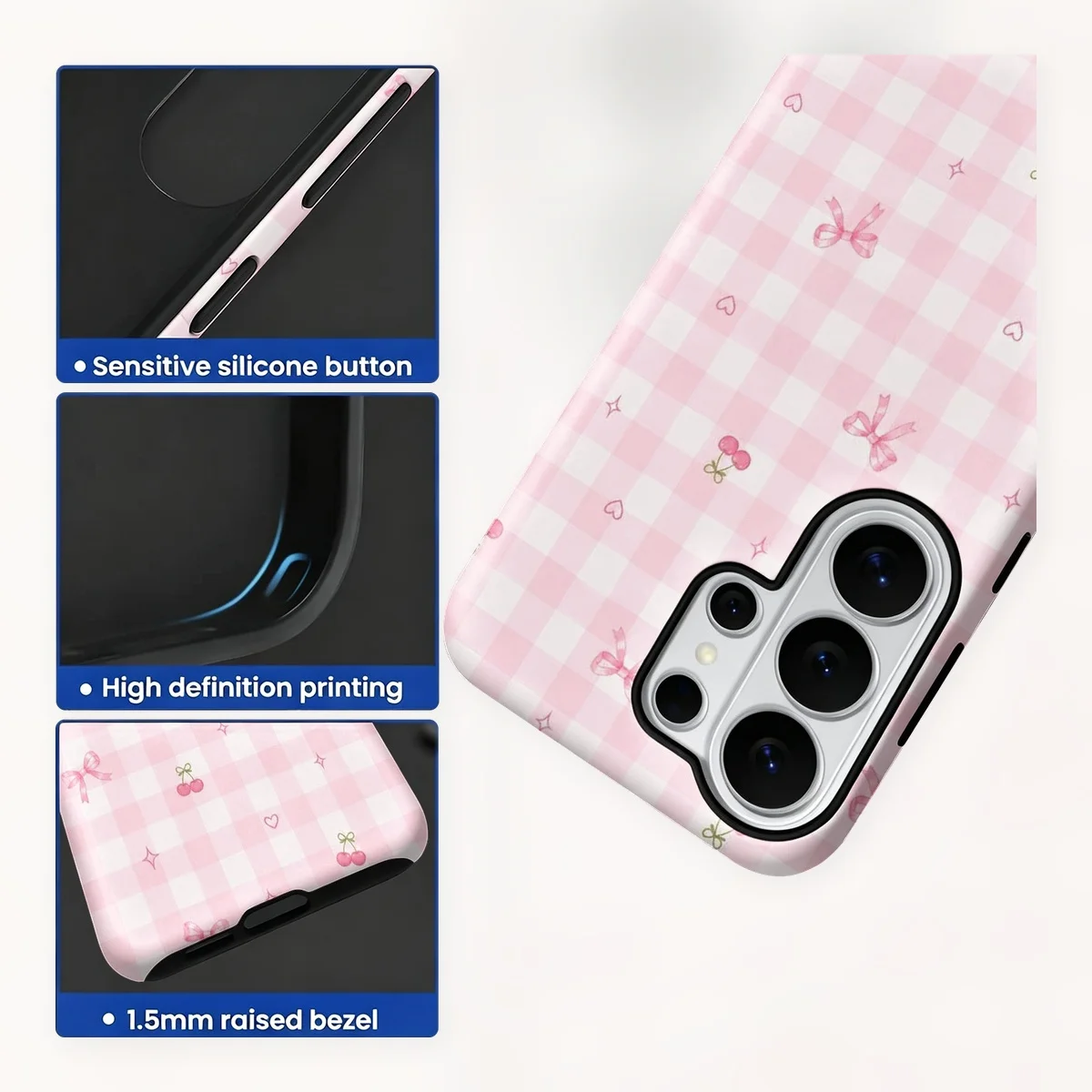 Pink Gingham Check Pattern 2-in-1 Dual-Layer Phone Case for Samsung Galaxy S26 S25 S24 Plus Ultra FE S20 FE A56 A17 A16 A15