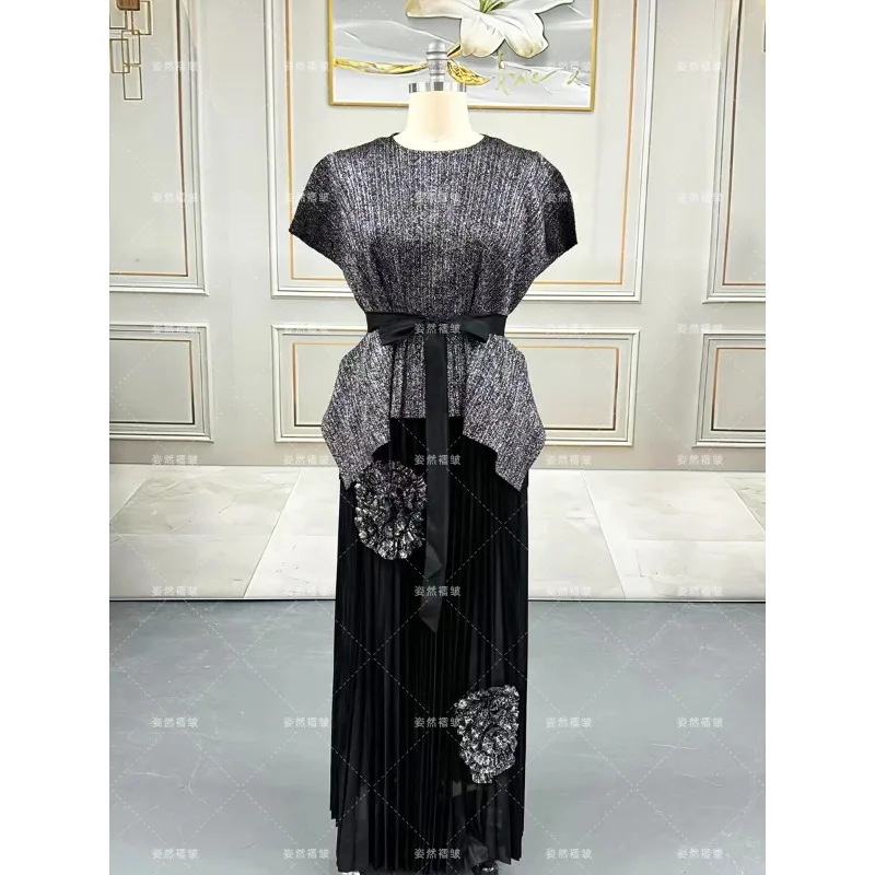 Miyake feminino luxo superior meia saia 2 peça conjunto plissado estiramento tamanho grande feminino temperamento commuter vestidos de baile com cinto