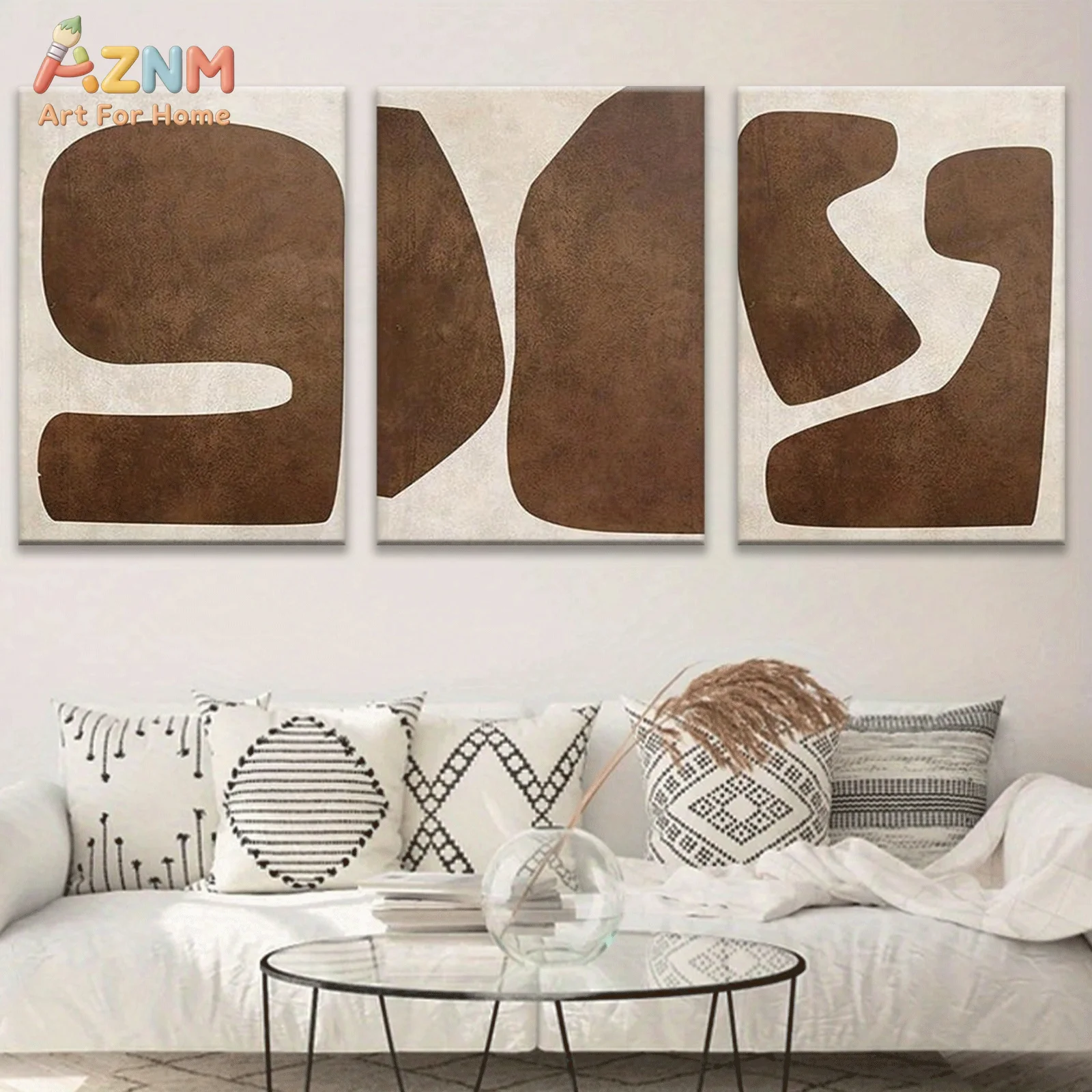 AZNM Modern Boho Abstract Brown Beige Canvas Wall Art, Minimalist Wabi-Sabi Organic Shape Print Poster, Unframed Single Piece De