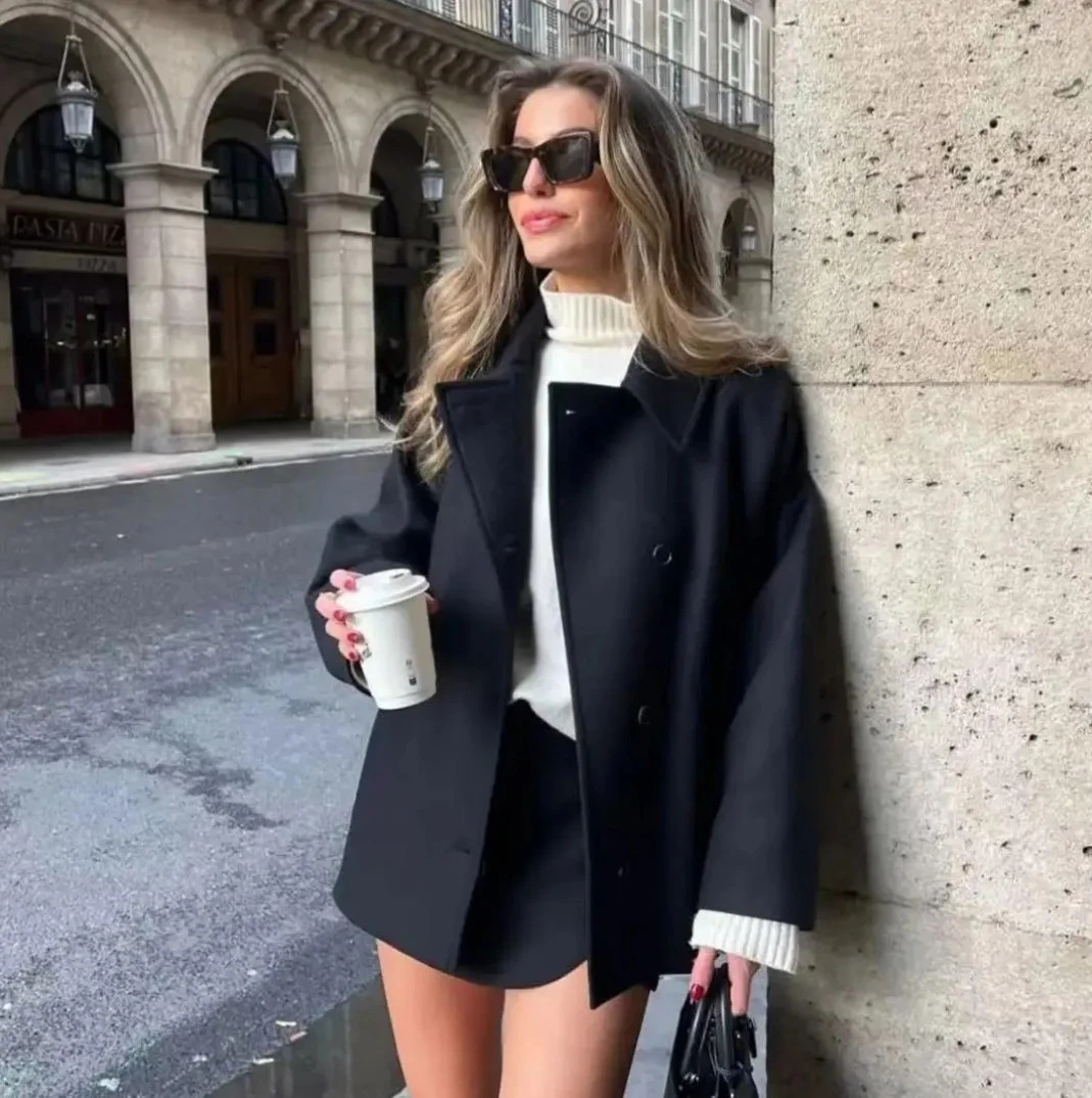 

Cross-Border Women's Spring Loose Coat, Wool Blend Thickened Long Sleeve Short Coat, Color PU Leather Outerwear