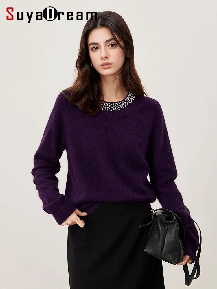 SuyaDream, Women Brushed Wool Sweater, Rhinestone Trimmed Crew Neck, Elegant Knitted Pullover for Autumn Winter