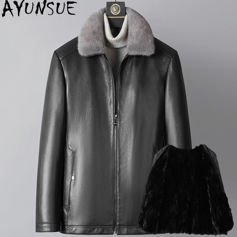 AYUNSUE Winter Genuine Leather Jacket Men Natural Sheepskin Mink Fur Collar Coat Fashion Men's Down Coats Кожаная Куртка Мужская