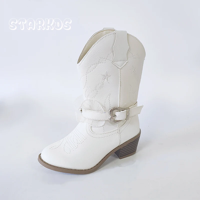 

Star Embroidery Knee High Western Boots Girls Slip-on White Cowboy Long Booties Kid Autumn Heeled Pointed Toe Brand Design Botas