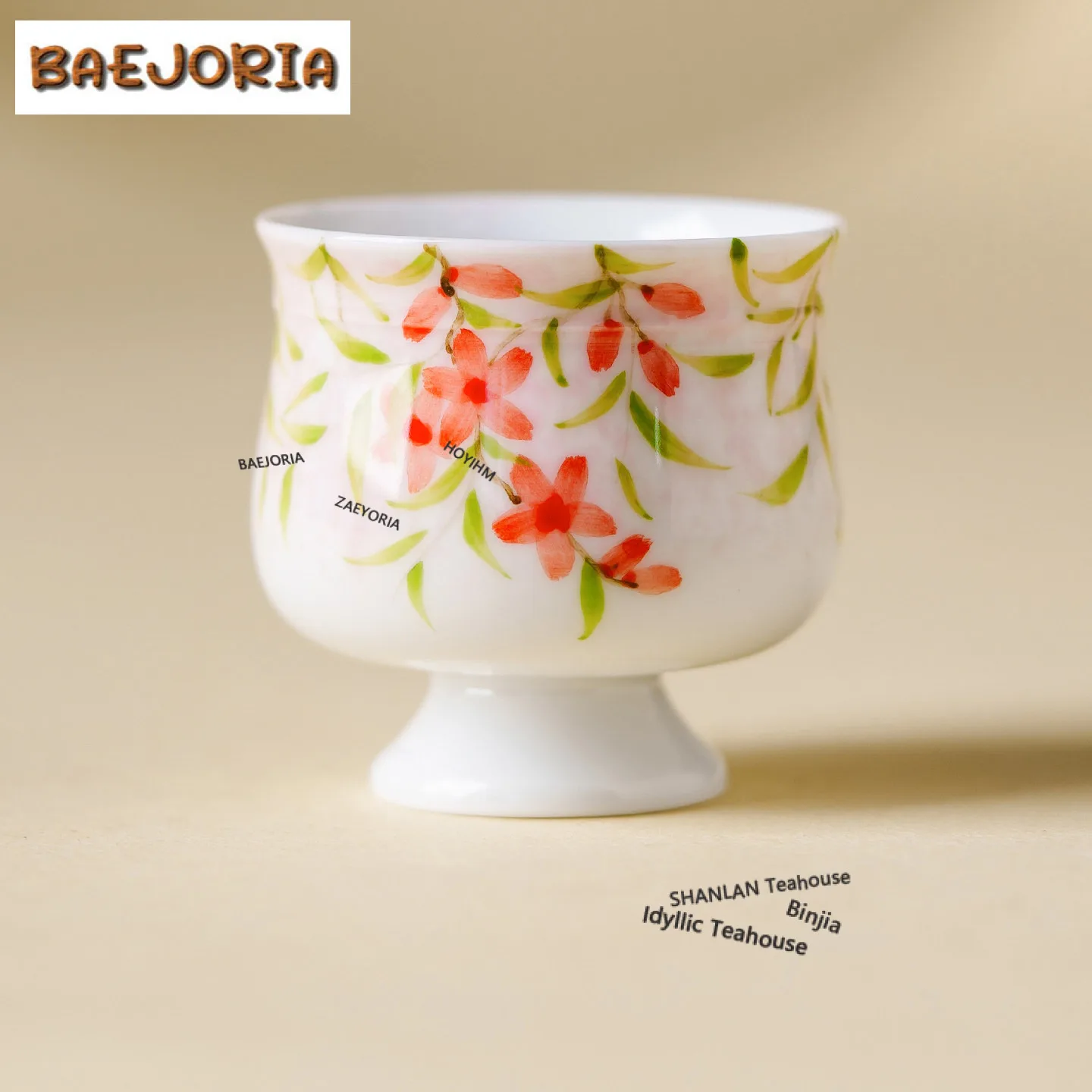 45ml Hand-painted Leaf Vine Pink Cherry High Foot Teacup Antique Tea Bowl Mug Tea-tasting Personal Cup Chazhan Master Cups Cafes