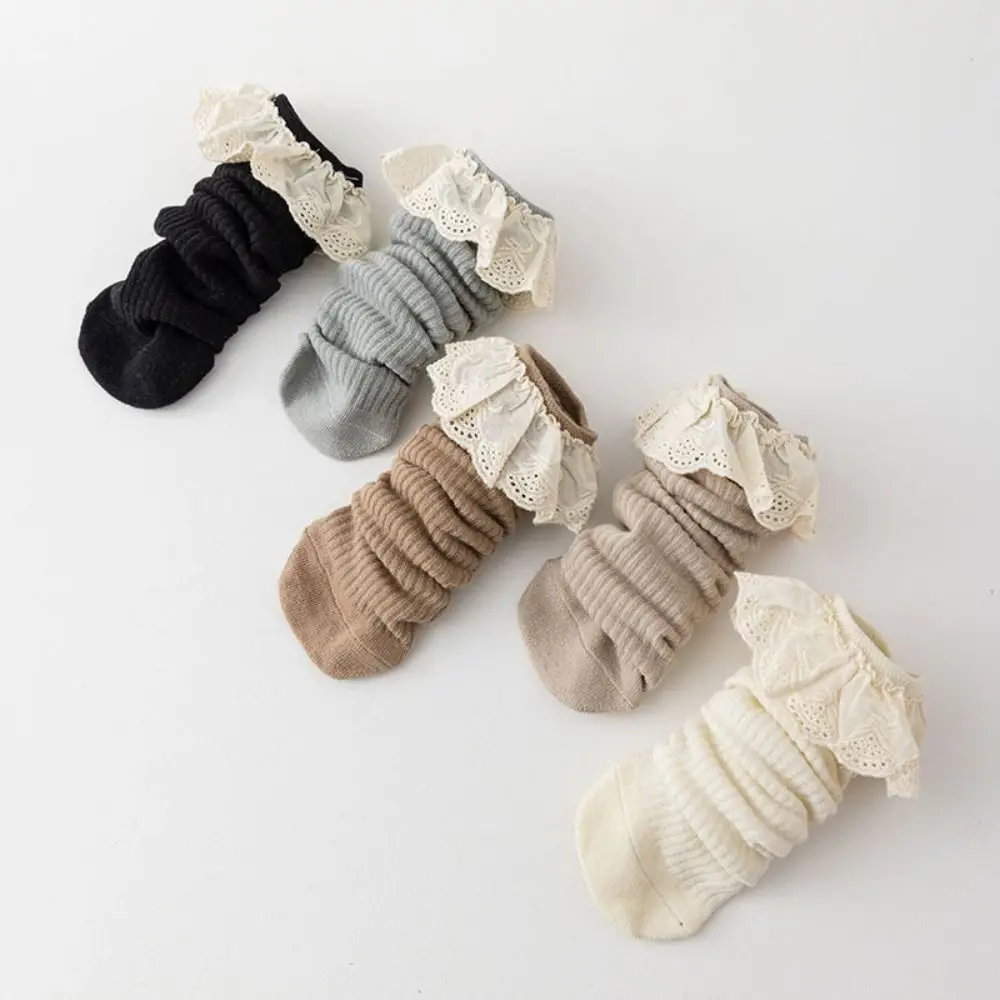 5Pairs Ruffled Edge Baby Calf Socks Baby Lace Trim Stripe Infant Cotton Stockings Long Tube Toddle Cartoon Above Knee Socks