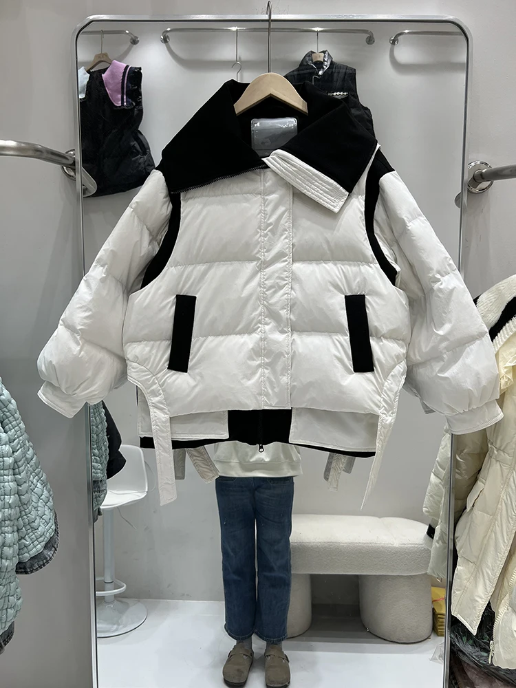 2022 Winter New Arrival Big Turn Down Collar 90% White Duck Down Jacket Vest Coat Two Piece Set Women