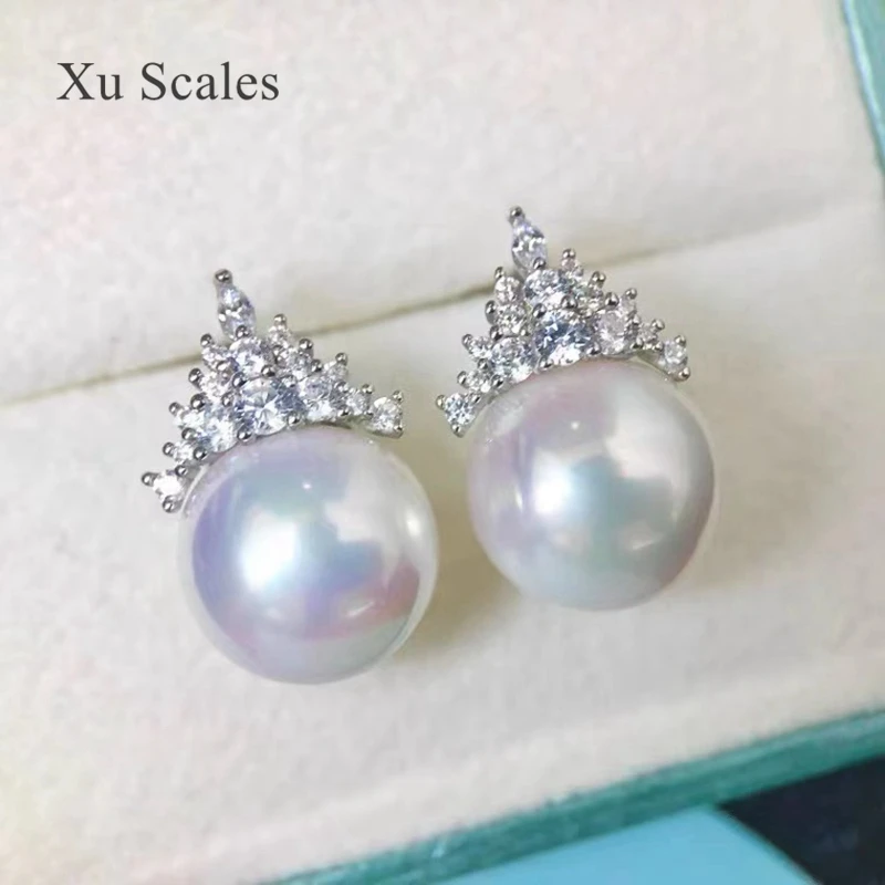 Natural Fresh Water Bright White Pearl Earrings Ice Queen Zircon Aurora Edison Large S925 Sterling Silver Fashion Generous