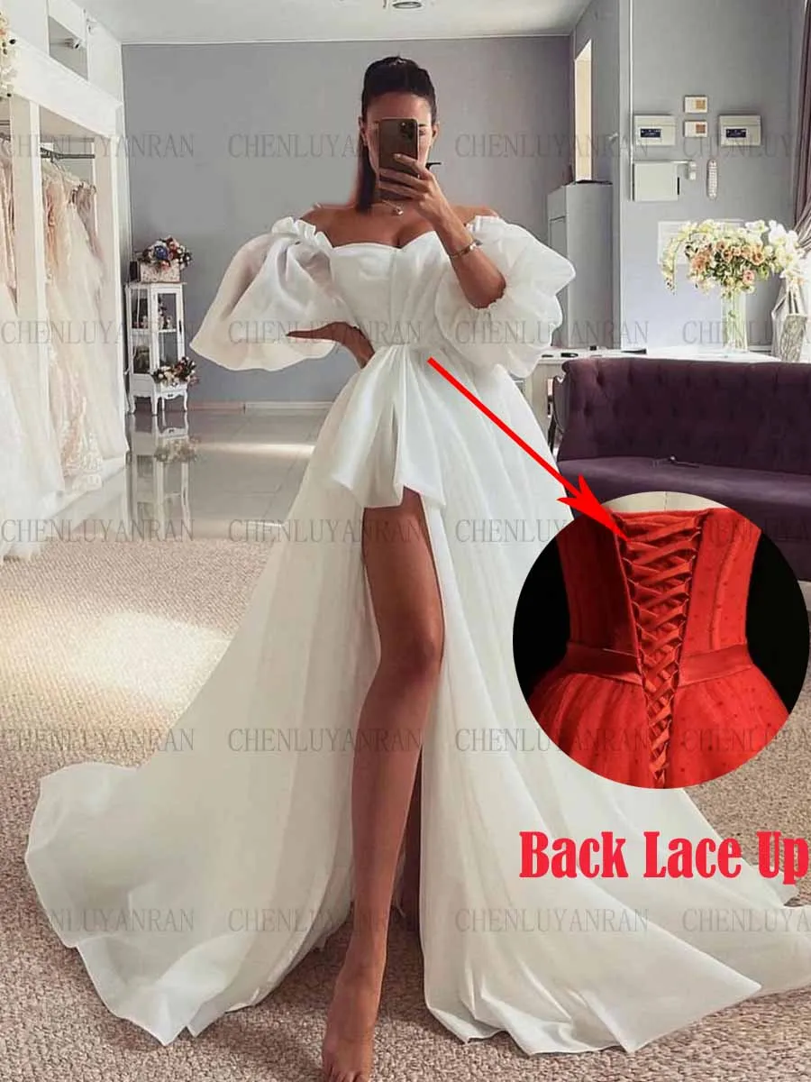 White Puff Sleeves Wedding Dresses For Women Side Split Sexy Wendding Dress A-Line Long Dresses For Wome 2023 فستان حفلات الزفاف