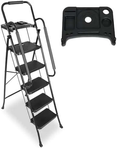 5 Step Ladder with Handrails & Tool Tray Platform, 330 lbs Folding Step Stool Ladder, Portable Steel Ladder for Kitchen