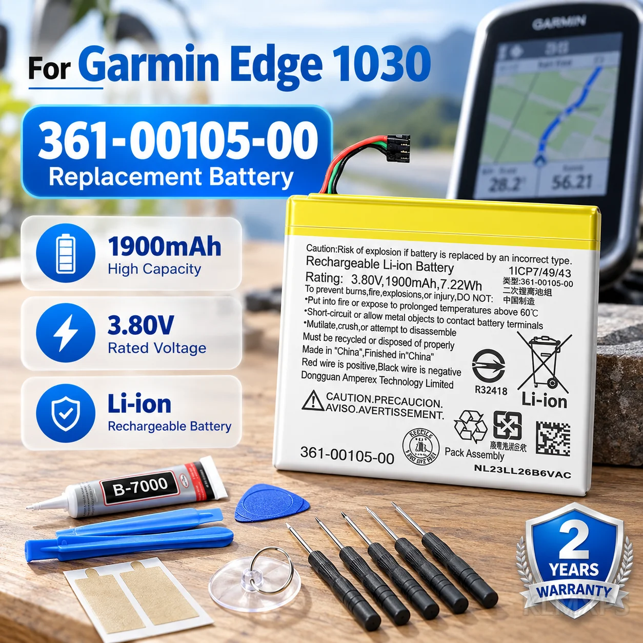 Replacement Battery 361-00105-00 1900mAh For Garmin Edge 1030 Bicycle Speed Meter Compatible Battery with Free Tools Included