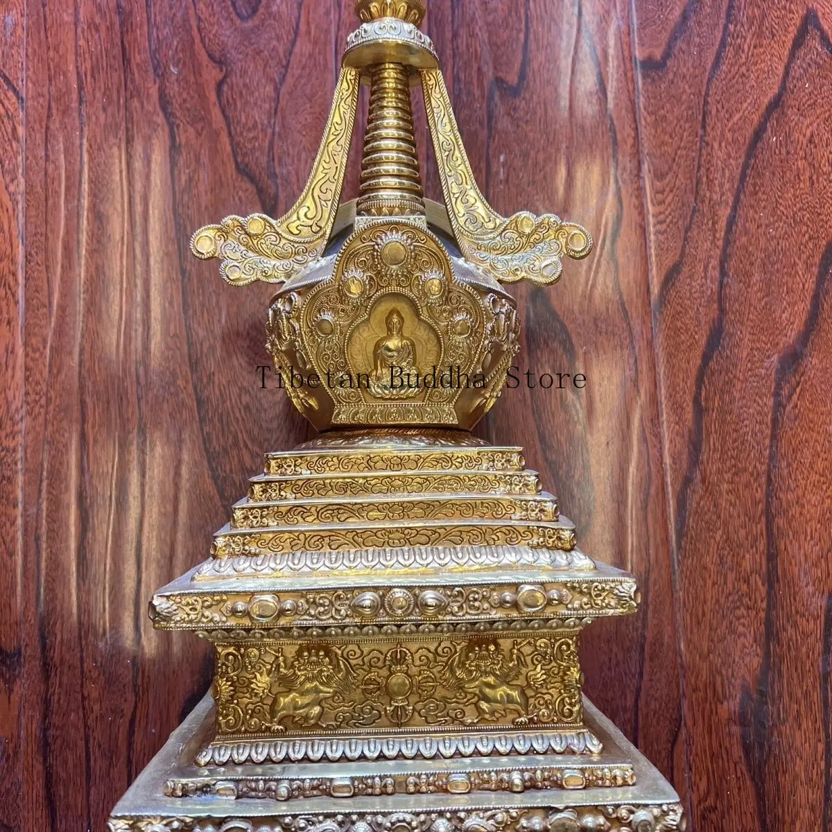 Pure copper - Bodhi pagoda, 44 cm high, gilt Buddhist relic, tantra stupa, stupa.