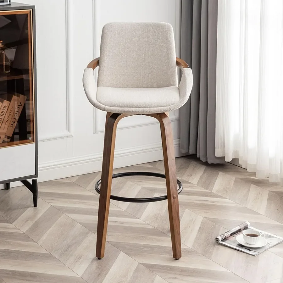 

Барные стулья высотой 25,6 дюйма, современные барные стулья в стиле ретро середины века, темно-бежевый льняной вид, ткань с обивкой и ореховым деревом