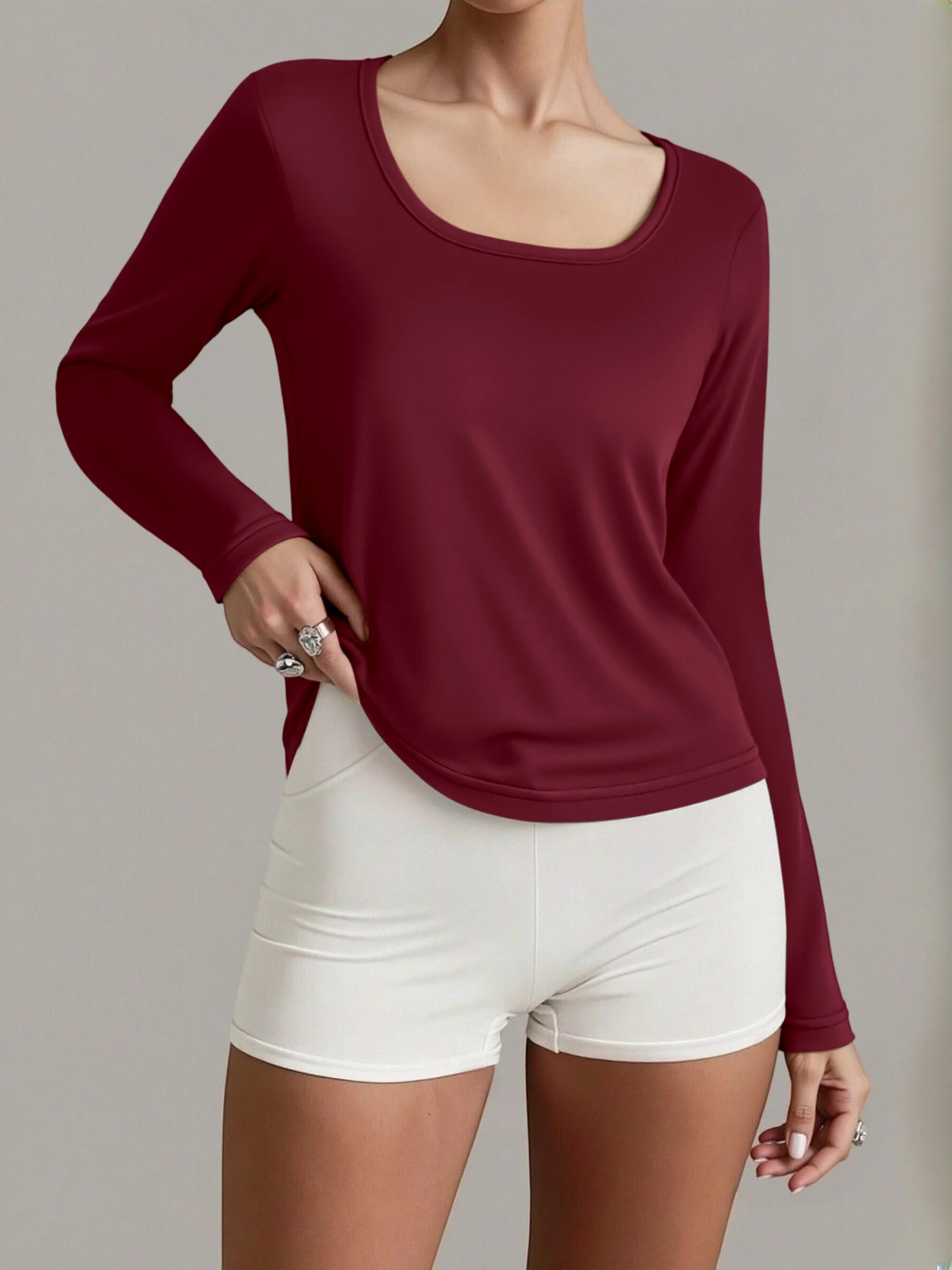 French Chic Low U Neck Slim Long Sleeve Shirts Soft Stretchy Skin-Tight Inner Tops Daily Office Wear Solid Tees view 2