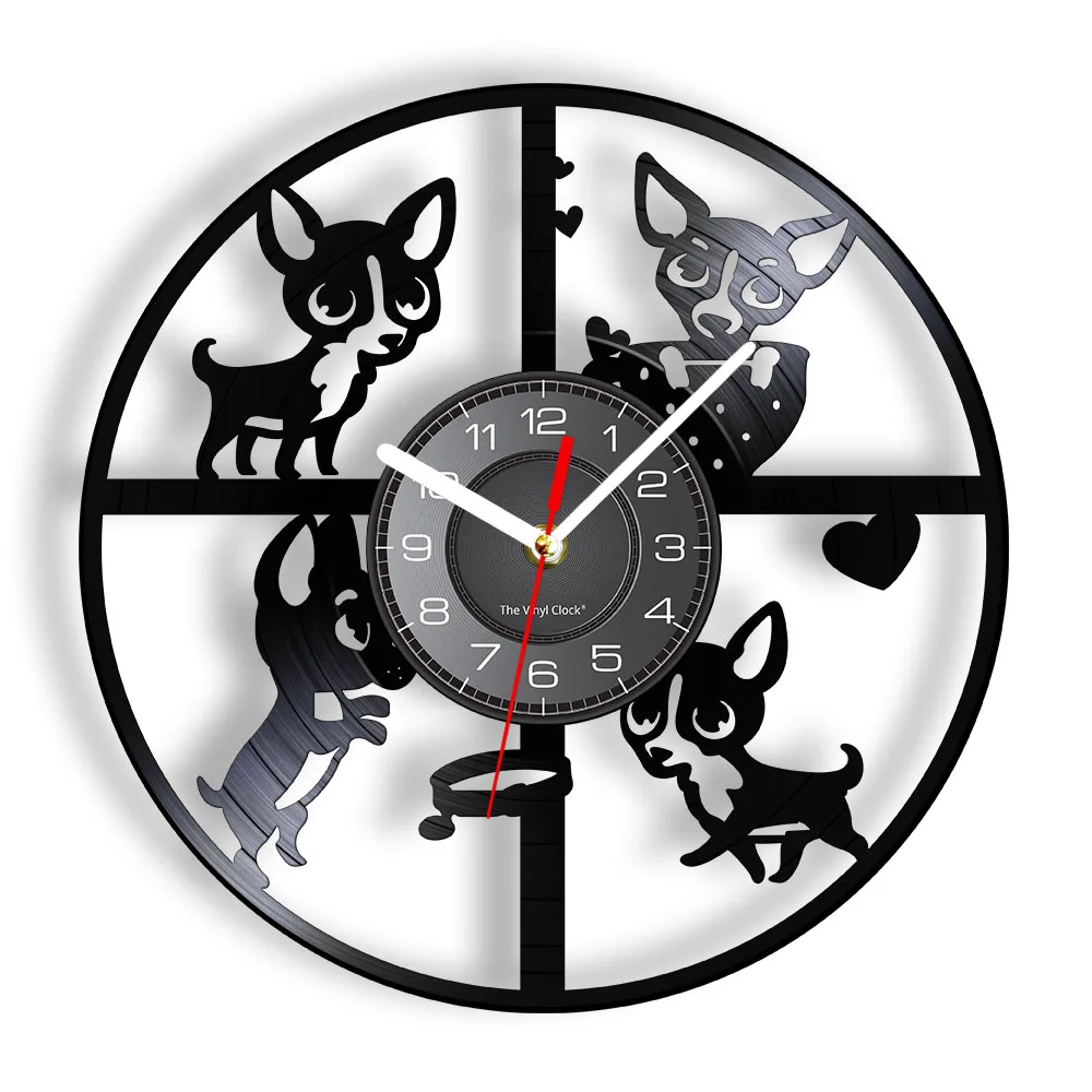 

Chihuahua Dog Silhouette Vinyl Record Wall Clock Modern Design Puppy Wall Watch Vintage Album Ornament Vinyl Crafts Silent Clock