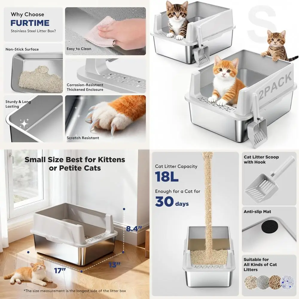 

Compact Stainless Steel Litter Box with Lid for Small Cats, Easy Clean, Anti-Leak, 17x13x8.4