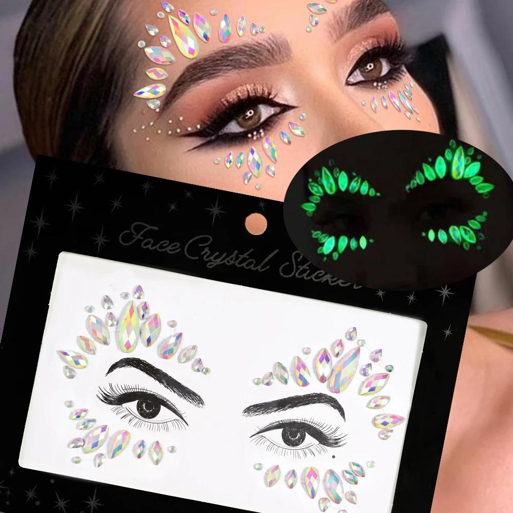 

1 лист, светящиеся в темноте стразы, наклейки для лица, 3D светящийся драгоценный камень, ювелирные изделия, татуировки, наклейка, блестящий кристалл, украшение для лица, наклейка