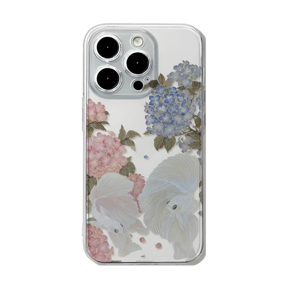 Koi and Hydrangea Clear Floral Case for iPhone 16 15 14 Plus 13 12 mini 11 Pro Max XR Soft Silicone Cover with Camera Protection