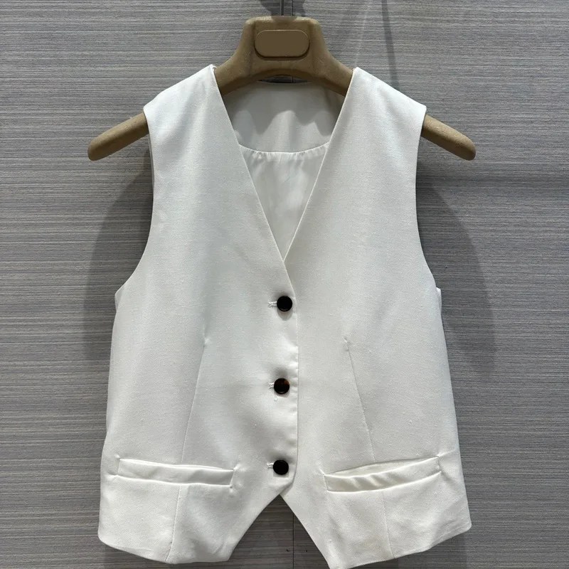 

2024 High Quality V-Neck Cotton Linen Suit Vest Retro British Handsome Fashionable Slim Fit Cropped Vest Cardigan