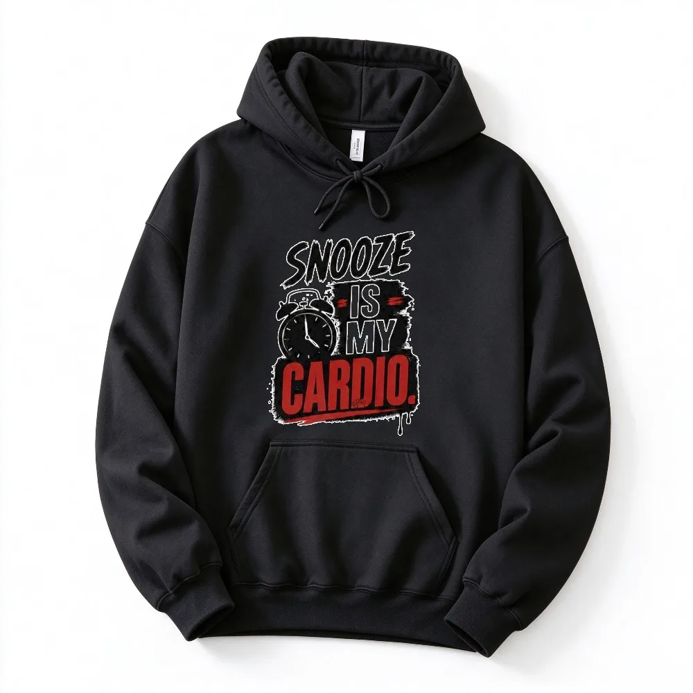 Snooze Is My Cardio Vintage Alarm Clock Graphic Hooded Sweatshirt Funny Lazy Morning Quote Print Pullover Long Sleeve Casual Top