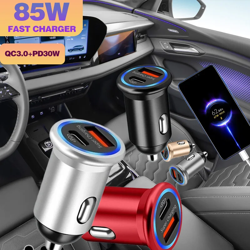 

Car Cigarette Lighter Charger Metal Body with Ambient Light 85W PD/QC3.0 Super Fast Charge Dual Ports Super Fast Charging