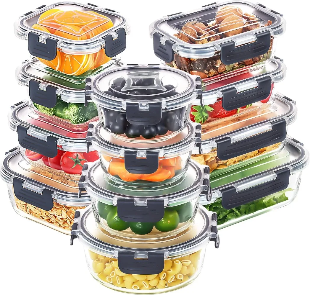 12 Pack Glass Food Storage Containers with Lids, Meal Prep, Pantry Kitchen Storage Containers for Lunch