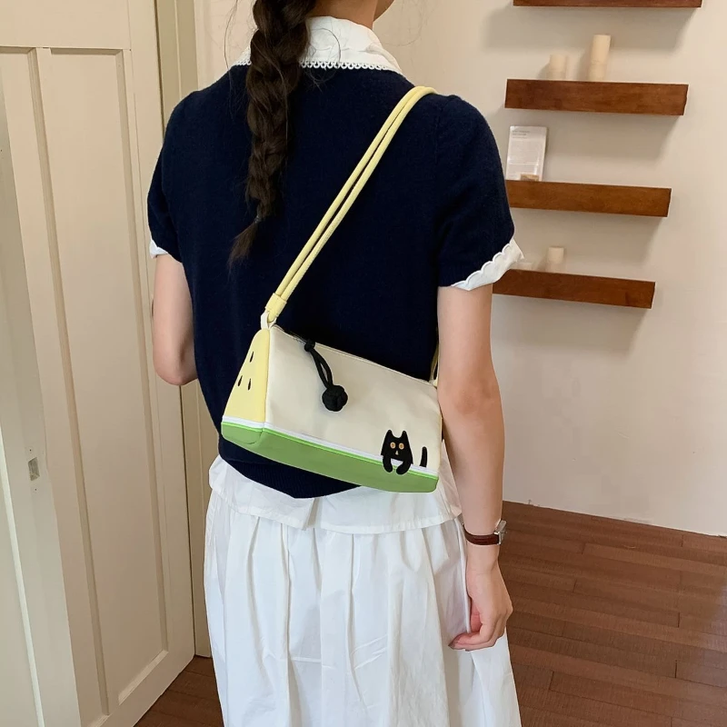 Yellow Pink Green Cute Black Cat Watermelon Crossbody Cream Strap Minimalist Small Shoulder Bag  triangular Casual Purse girls