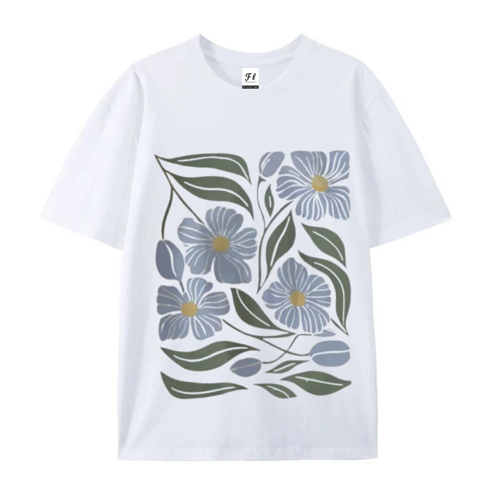 Y2k 그래픽 프린트 라운드 넥 티셔츠 리프 여름 봄 여성 남성 반팔 빈티지 블루 플라워