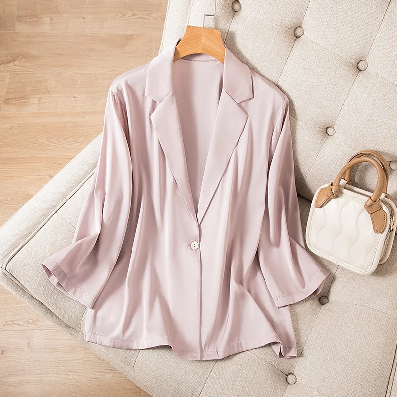 

Women Silk Blazer 95% Mulberry Silk 5% Spandex 19 momme Pink Purple One Button Jacket Coat Office Work M L XL MM993